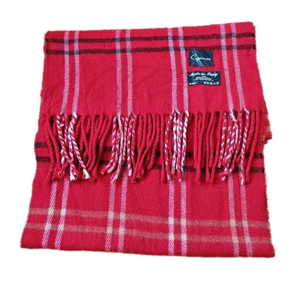 Cejon Italian Acrylic Fringed Long Neck Scarf Red Tartan Plaid Holiday Ski 11/62